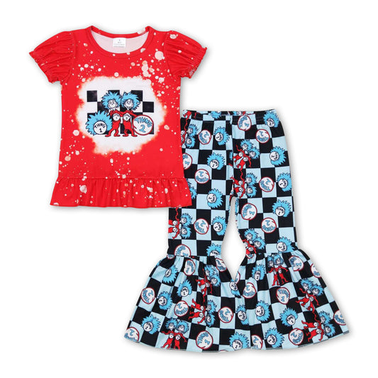 Red bleached top plaid cat pants girls clothing set