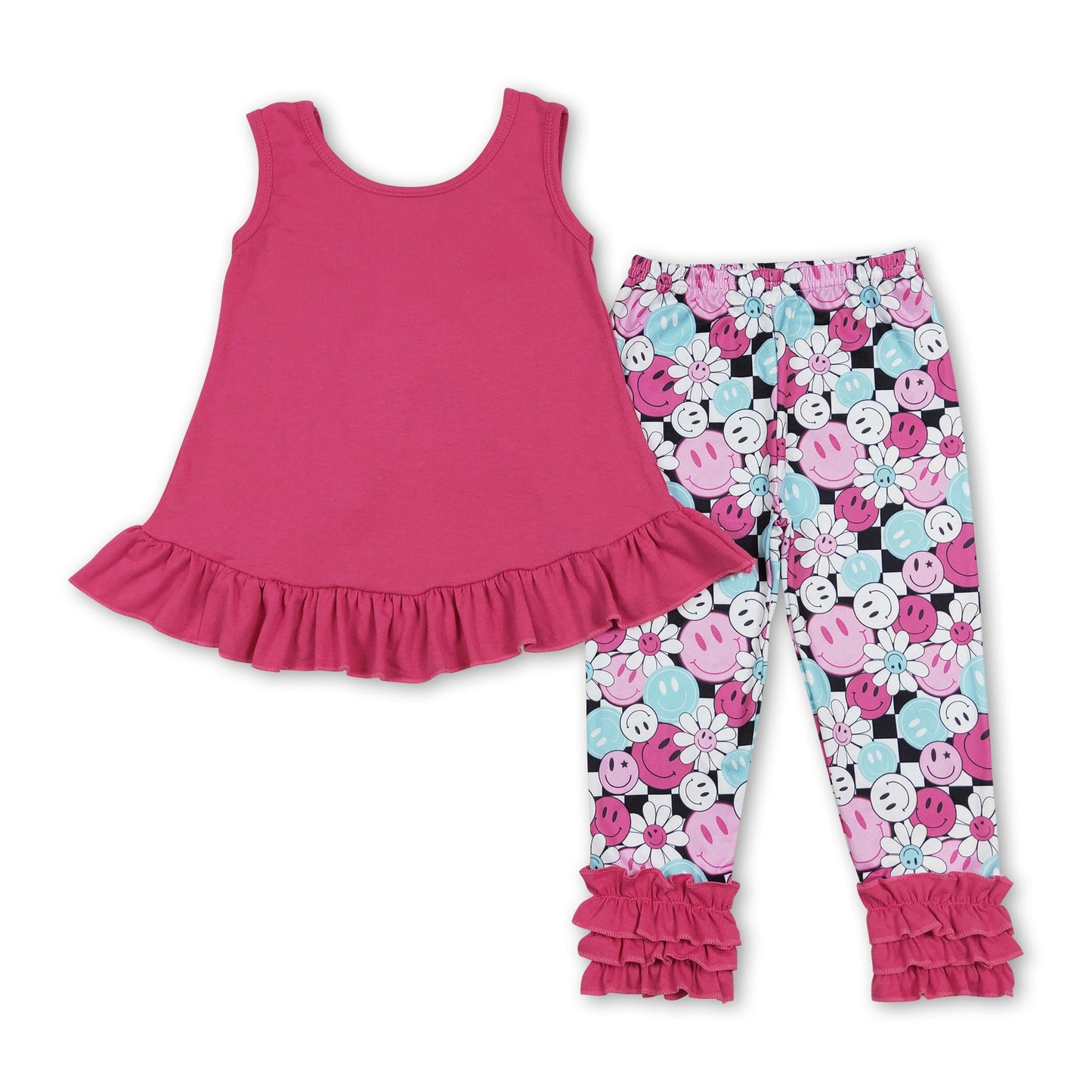 Sleeveless hot pink top smile floral leggings girls outfits