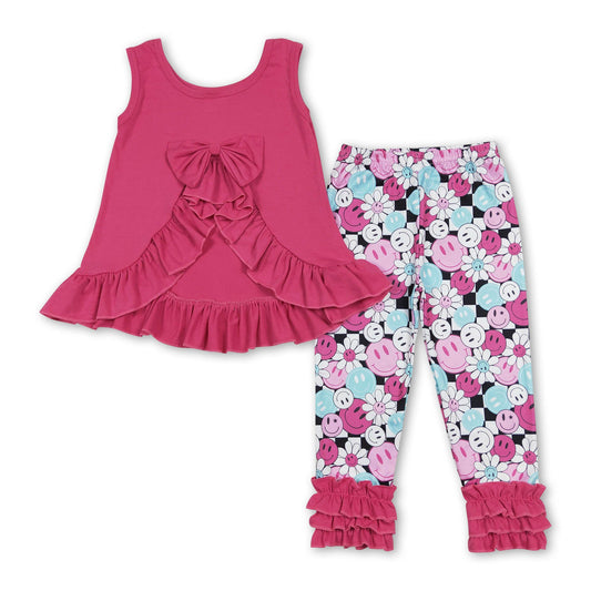 Sleeveless hot pink top smile floral leggings girls outfits