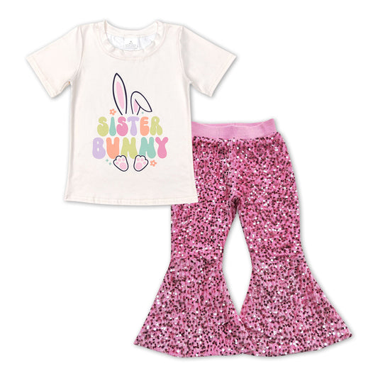 Sister bunny top pink sequin pants girls easter outfits