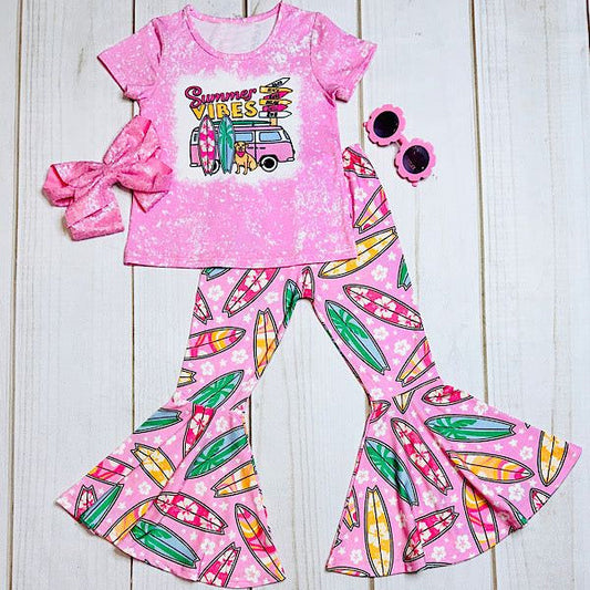 Pink bleached summer vibes girls clothing set