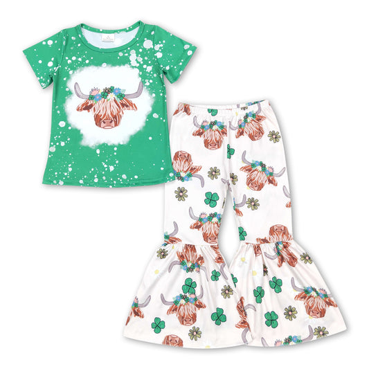 Green highland cow top pants girls st patrick's day set
