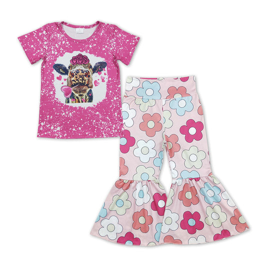 Heart cow bleached top flower pants girls valentines set