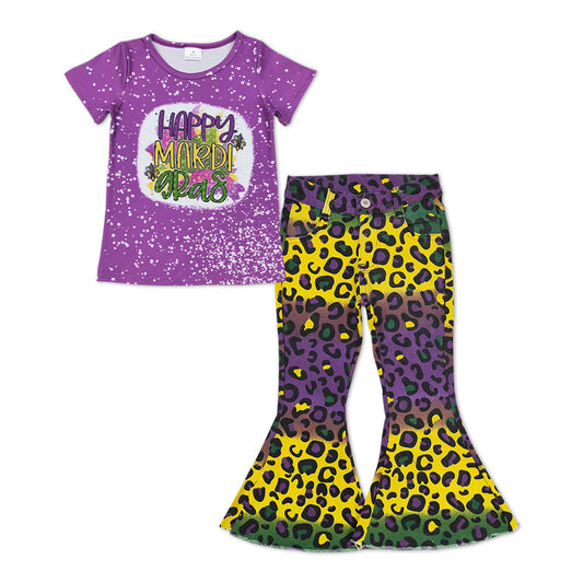 Happy mardi gras top colorful leopard jeans girls clothes