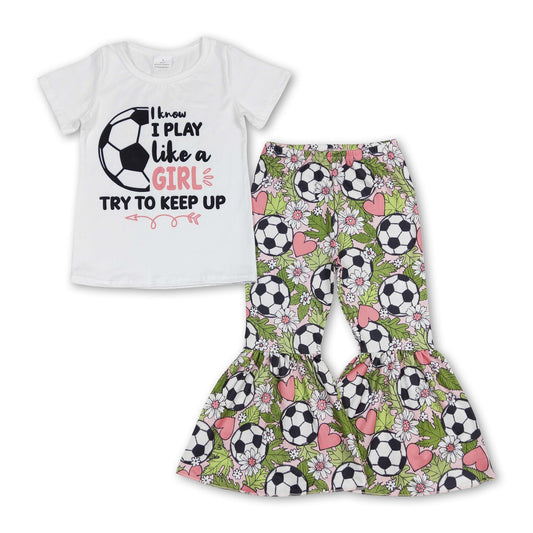 White soccer top floral pants girls clothing set