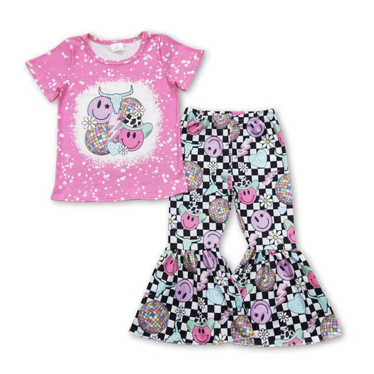 Bull skull smile top plaid bell bottom pants girls clothes