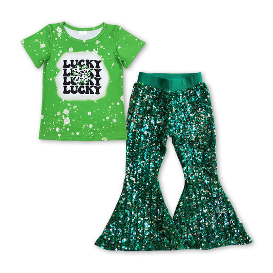 Lucky cow clover dark green sequin girls st patrick's outfits