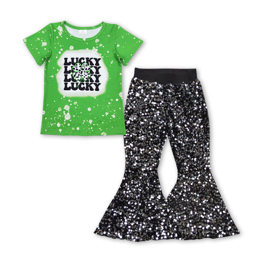 Lucky cow clover black sequin girls st patrick's outfits