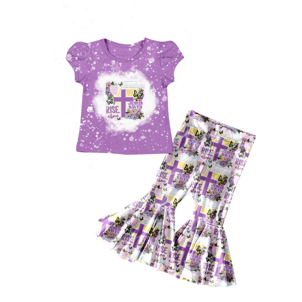 Lavender He is risen cross top pants girls easter outfits