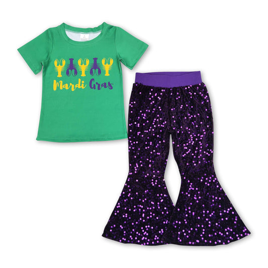 Green crawfish mardi gras purple sequin girls clothes