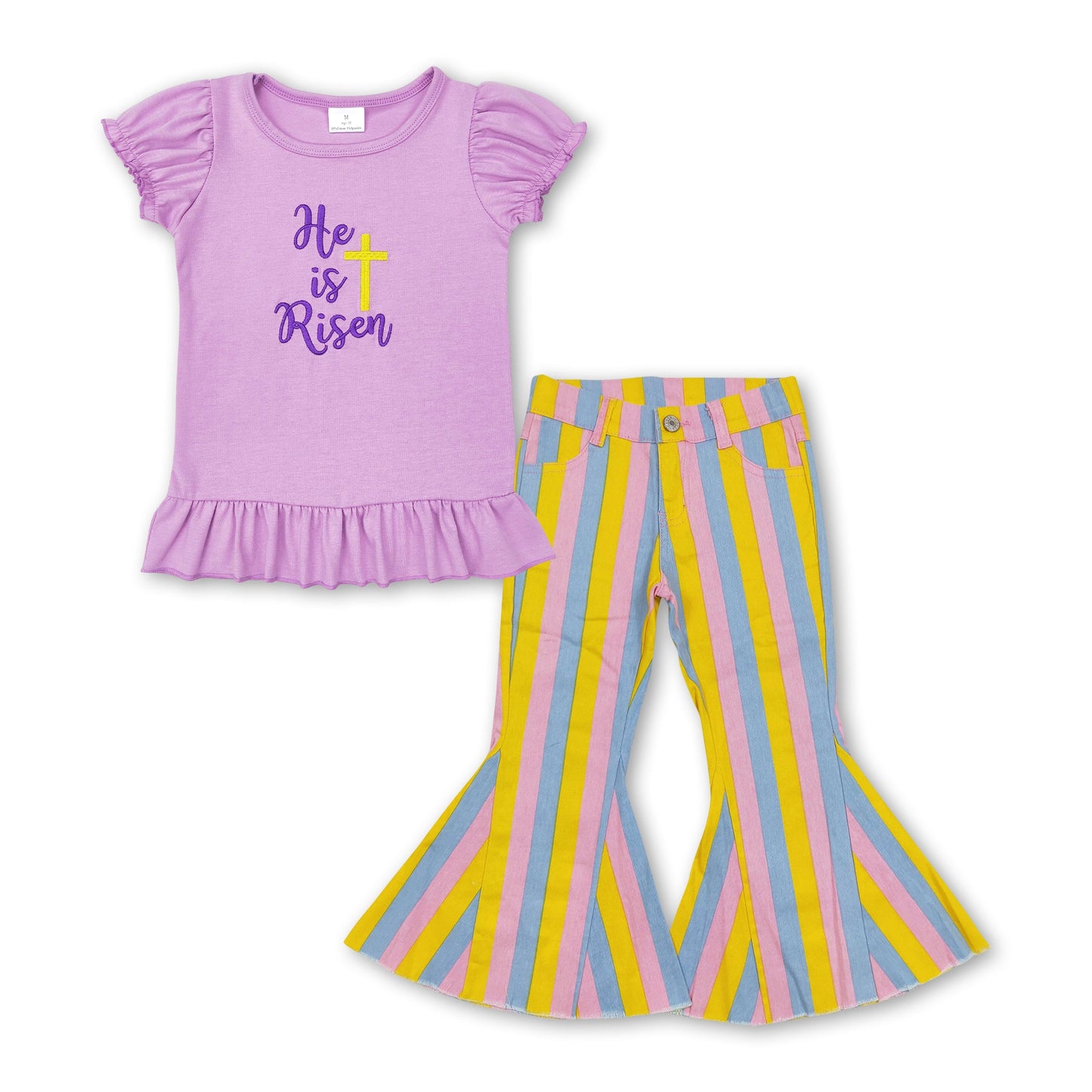 He is risen cross embroidery stripe jeans girls easter set