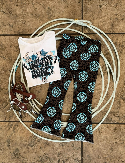 Howdy honey boots top turquoise flare pants girls outfits