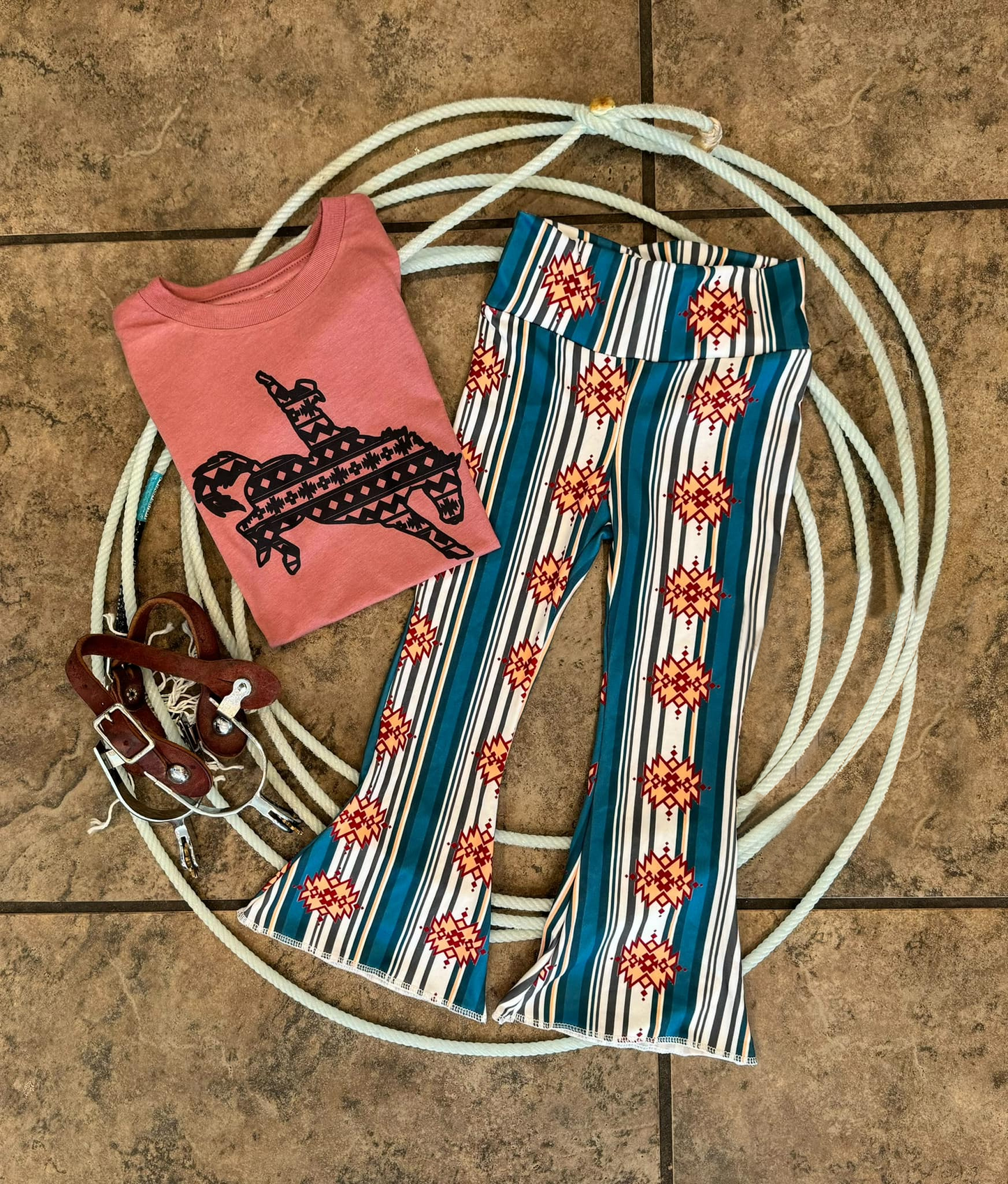 Rodeo top aztec stripe flare pants girls clothing set