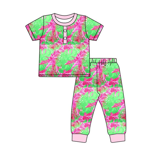 Short sleeves green hot pink watercolor adult women pajamas