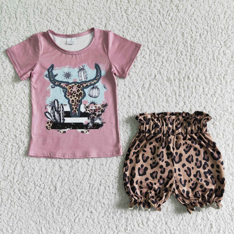 Leopard bull skull shirt shorts girls western summer outfits