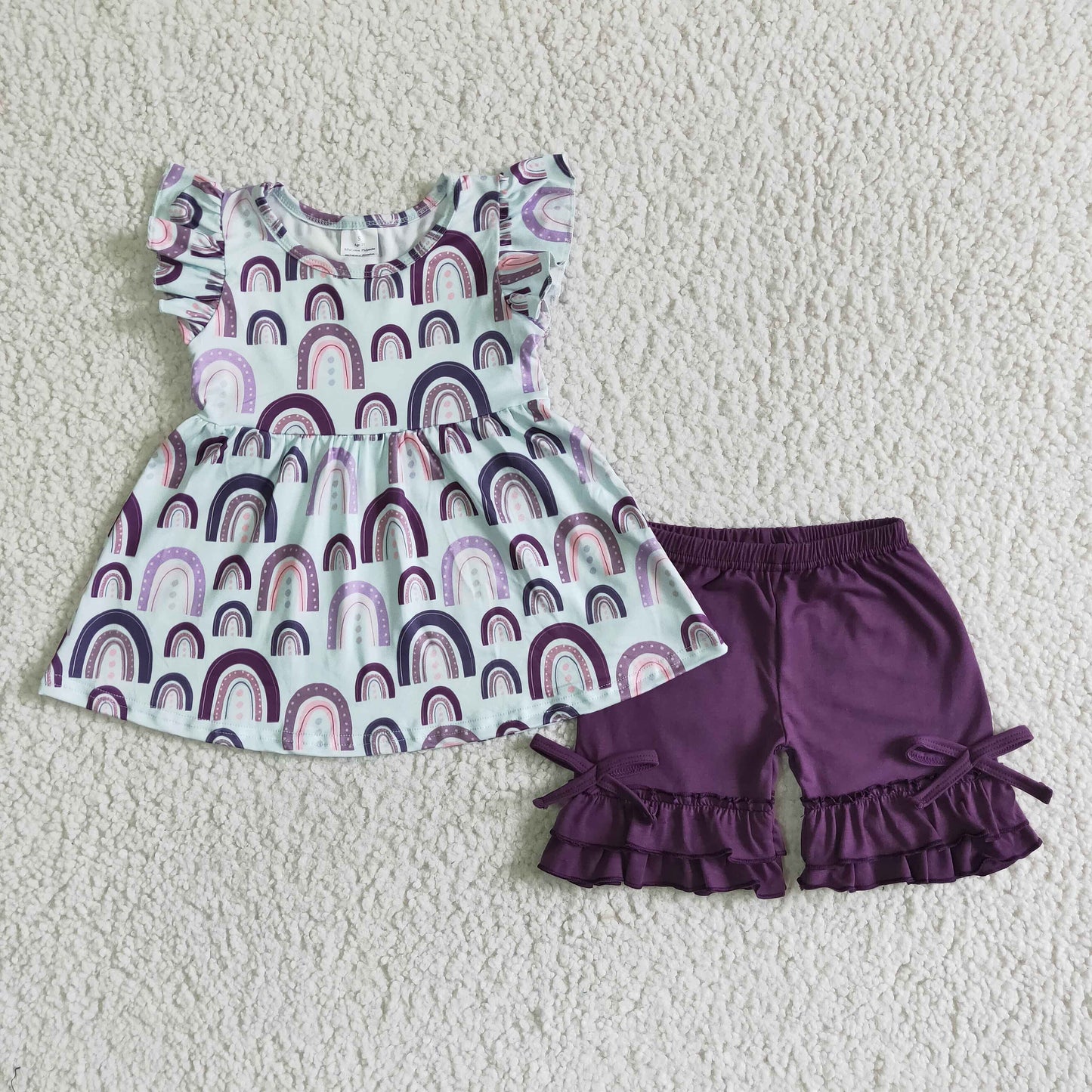 Rainbow flutter sleeve purple shorts girls summer clothing