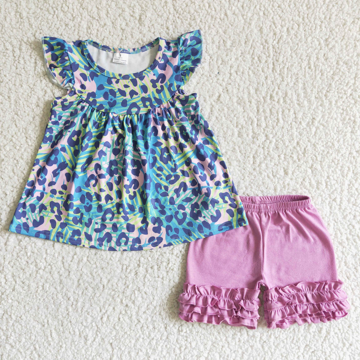 Flutter sleeve leopard shirt solid ruffle shorts girls summer clothes