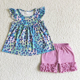 Flutter sleeve leopard shirt solid ruffle shorts girls summer clothes