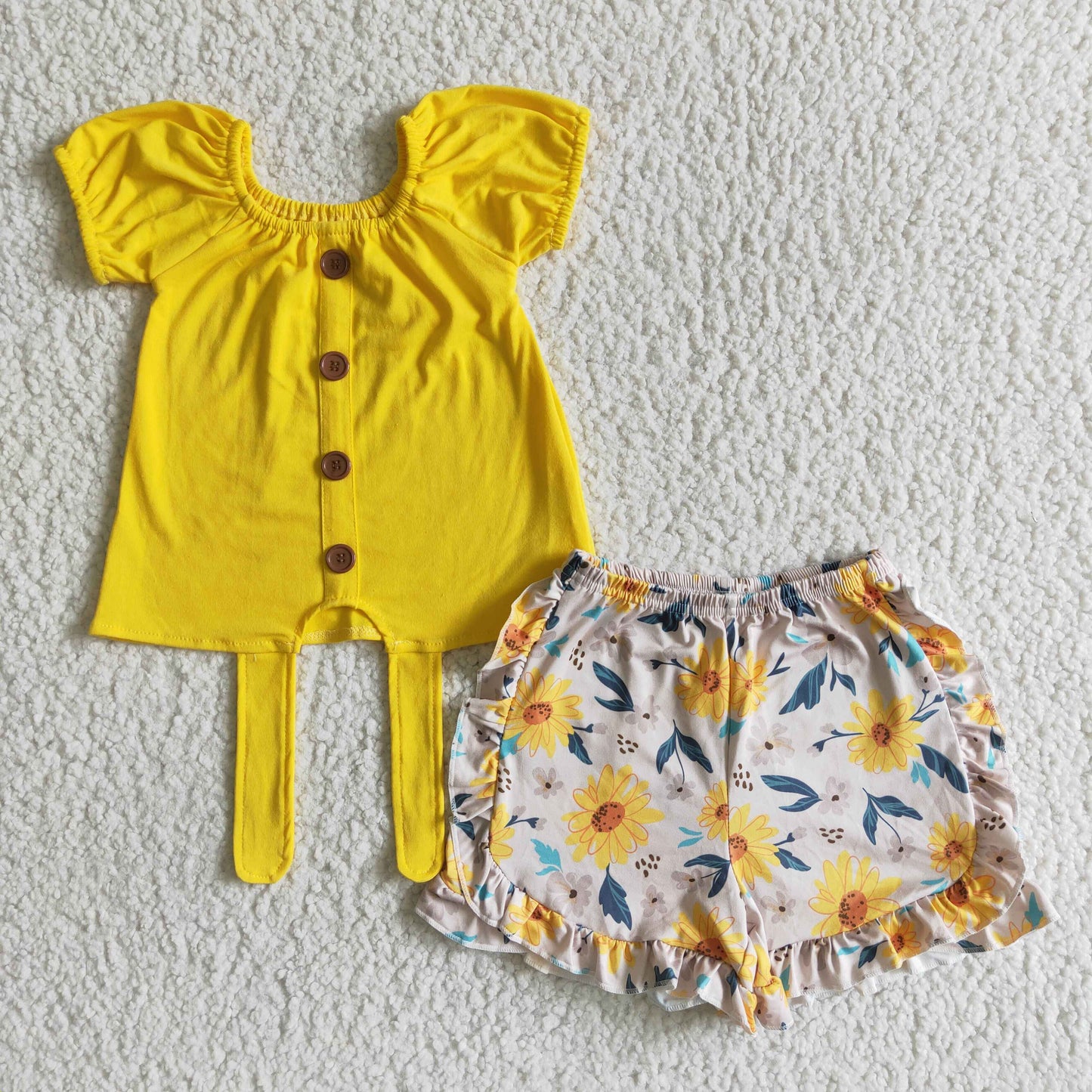 Yellow cotton shirt floral shorts girls summer clothing