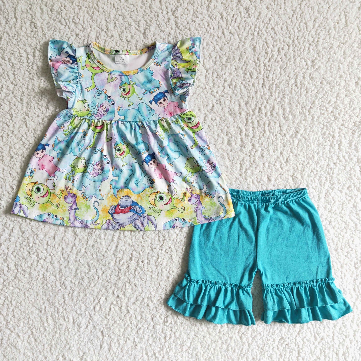 Flutter sleeve shirt turquoise ruffle shorts cute baby girls summer outfits