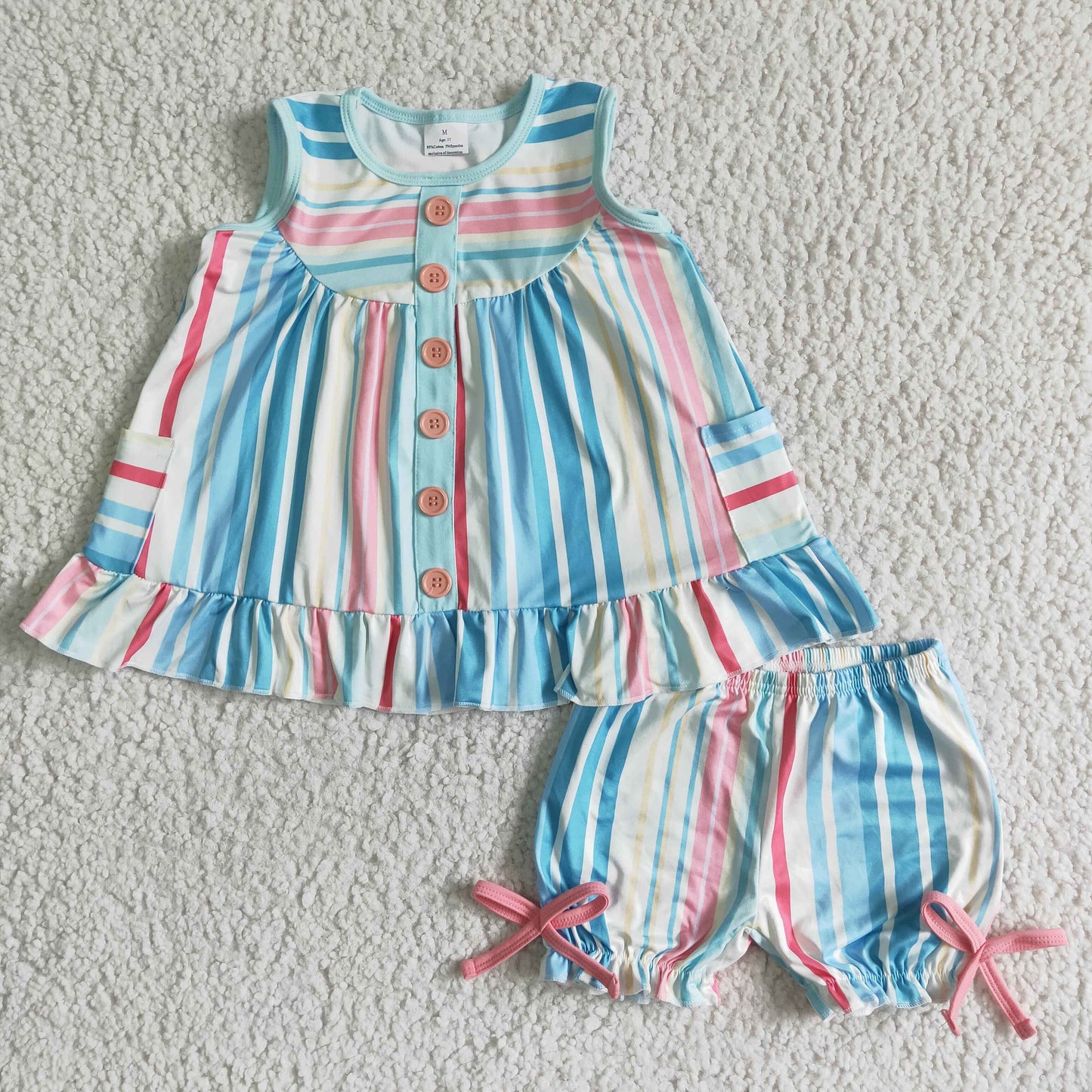 Colorful stripe pocket baby girls summer clothes