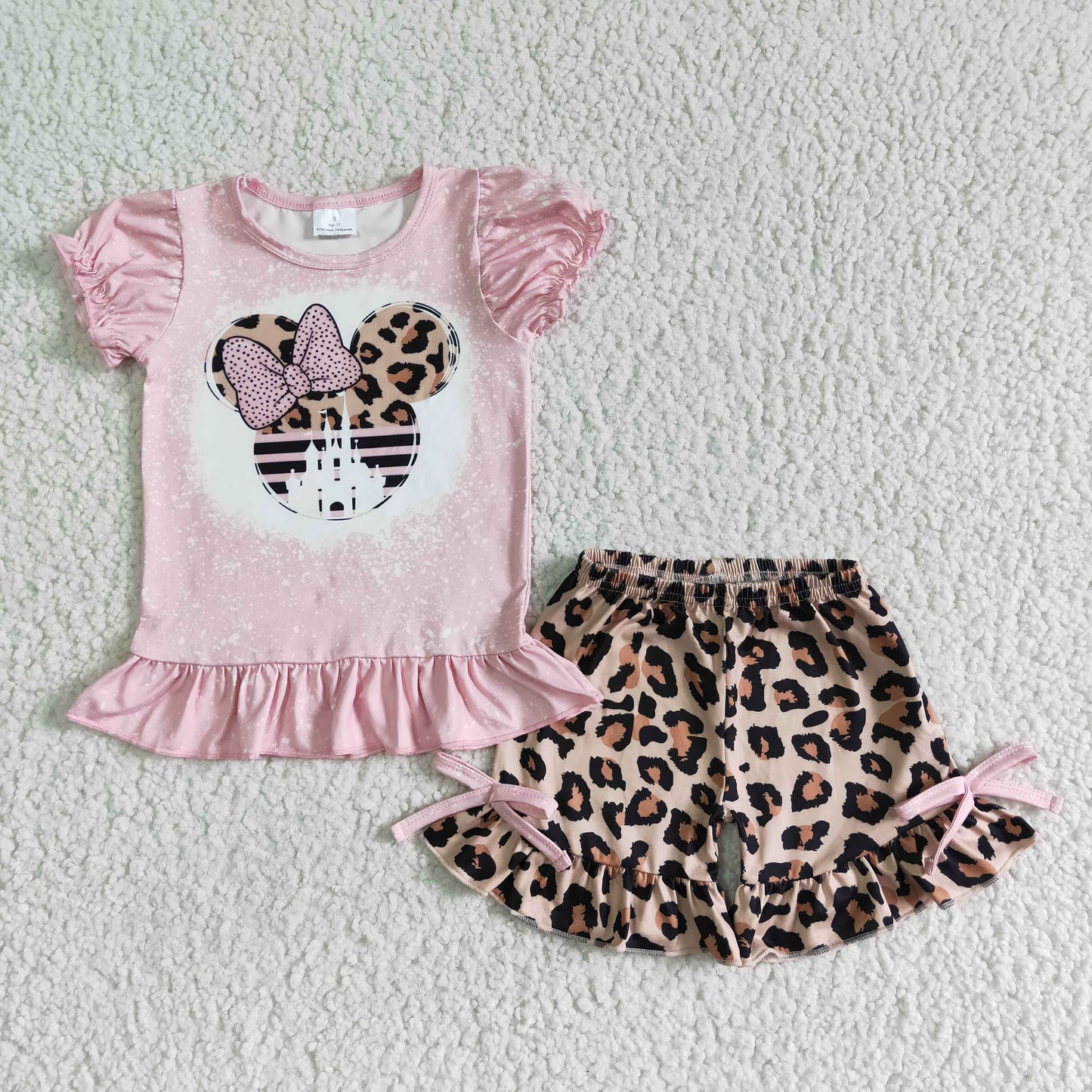 Pink bleached shirt leopard shorts girls summer clothing