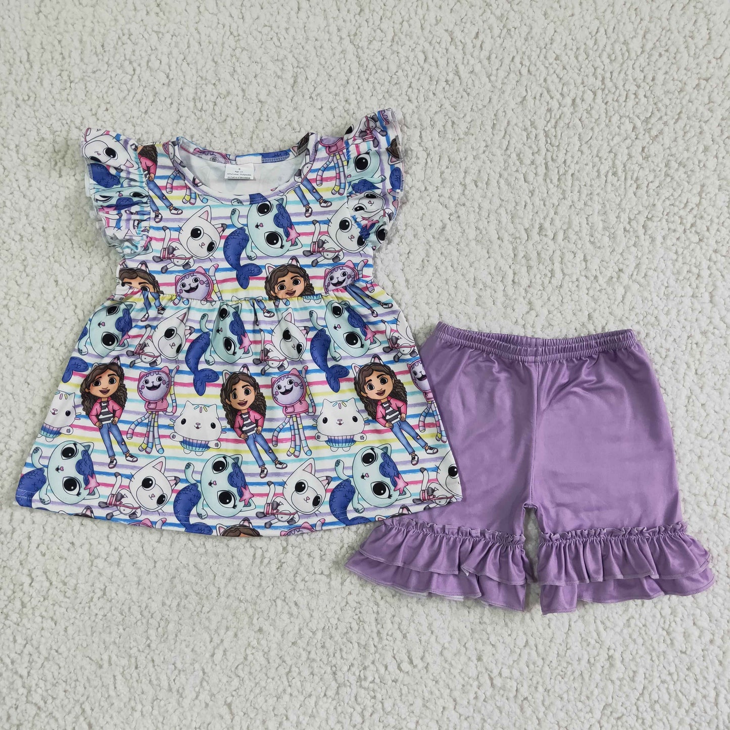 Flutter sleeve cat shirt lavender shorts girls boutique clothing