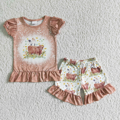 Highland cow shirt ruffle shorts girls boutique outfits