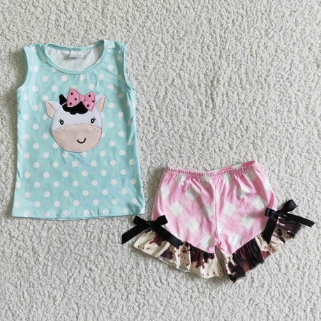 Cow embroidery baby girls summer clothing set
