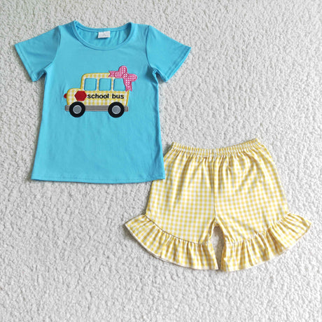 School bus embroidery girls back to school outfits