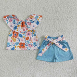 Floral shirt solid shorts girls summer clothes