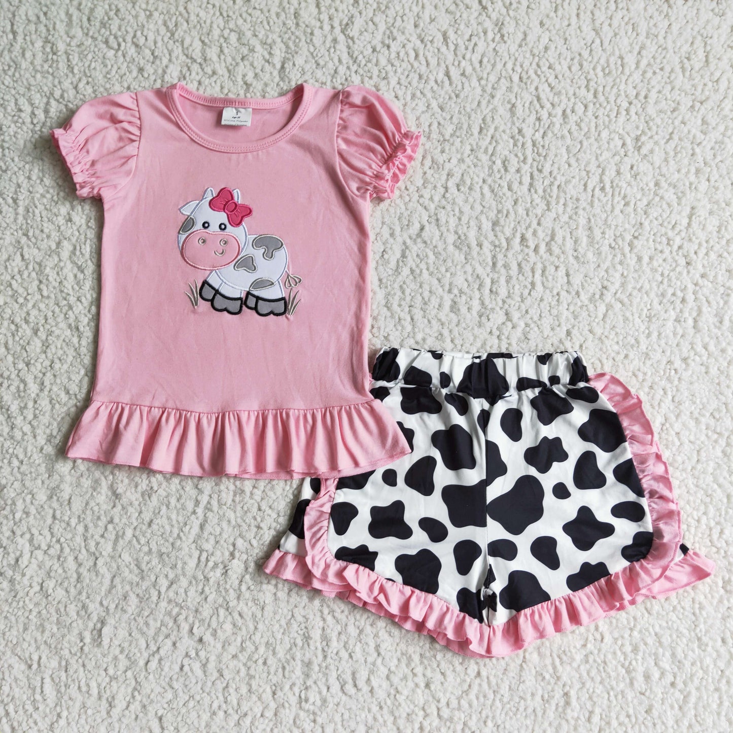 Pink cow embroidery girls farm clothes