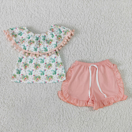 Cactus pom pom shirt ruffle shorts girls summer outfits