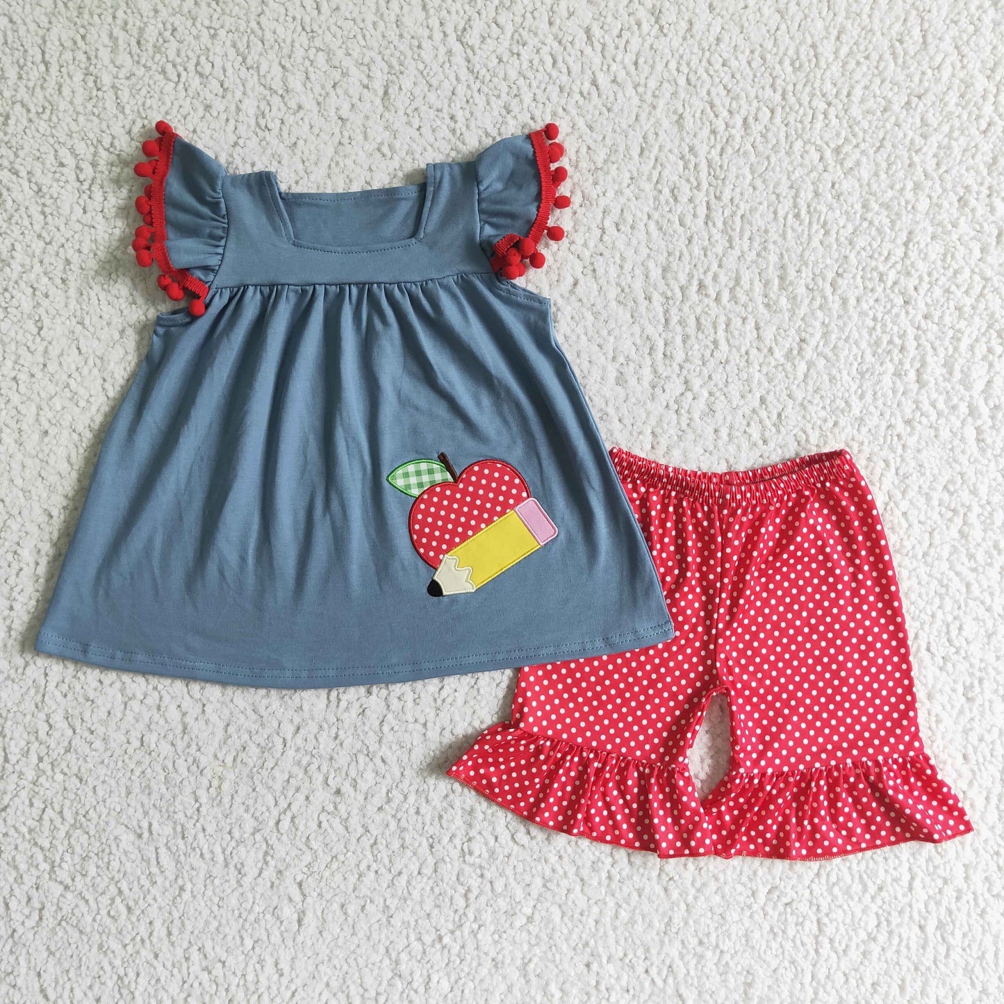 Apple pencil embroidery girls back to school clothing set