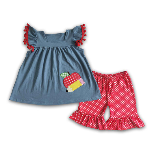 Apple pencil embroidery girls back to school clothing set