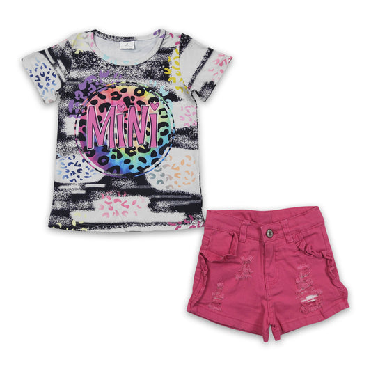 Mini leopard shirt pink denim shorts girls summer clothes