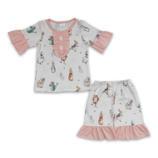 Pink ruffles short sleeves rabbit shirt shorts girls easter pajamas