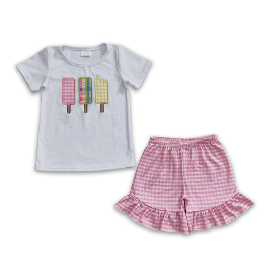 Popsicle embroidery cotton shirt plaid shorts kids girls outfits