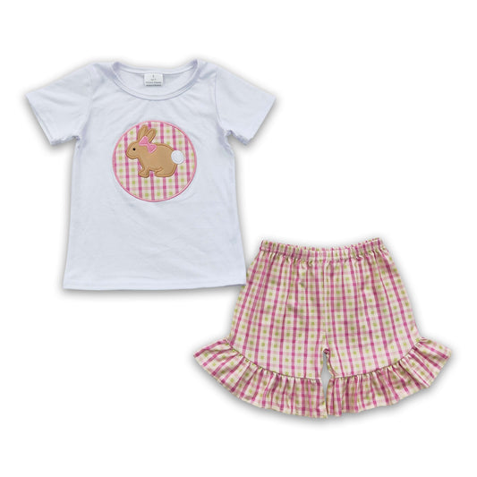 Rabbit embroidery cotton shirt plaid shorts girls easter outfits