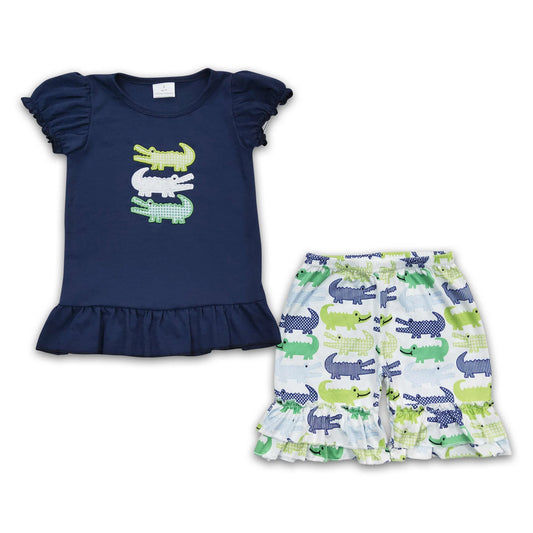 Crocodile embroidery cotton shirt shorts kids girls outfits