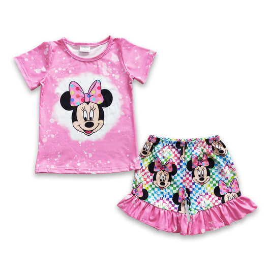 Pink mouse tie dye plaid shorts girls summer clothes