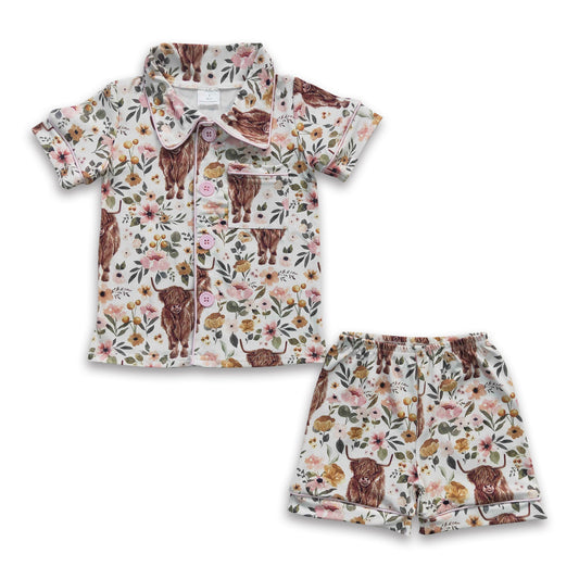 Highland cow floral short sleeves shirt shorts girls summer pajamas