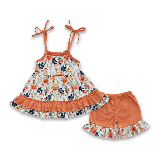 Sleeveless floral ruffle tunic shorts girls summer clothes