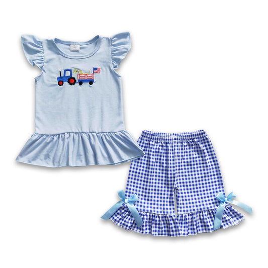 Truck dog flag embroidery kids girls 4th of july clothing set
