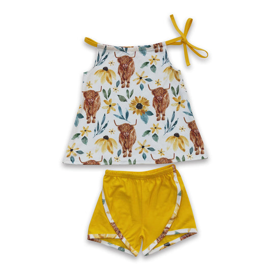 Sleeveless highland cow top yellow shorts girls summer clothes