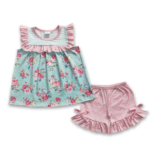 Pink floral tunic polka dots shorts girls summer clothes