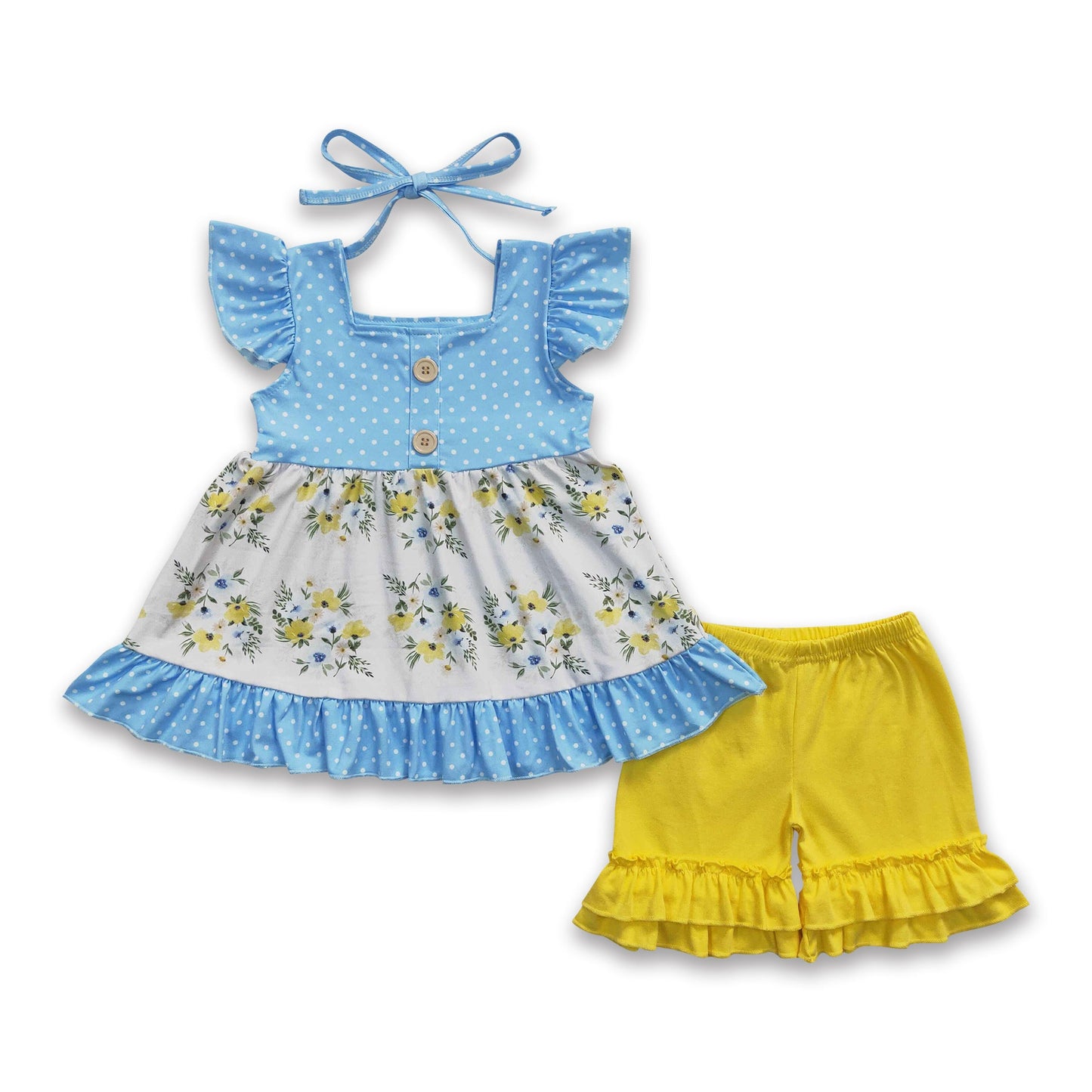 Floral tunic yellow ruffle shorts girls clothing set