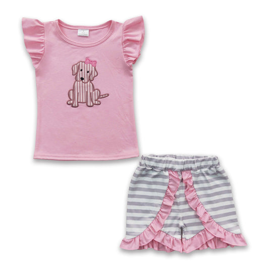 Pink dog shirt stripe shorts kids girls outfits