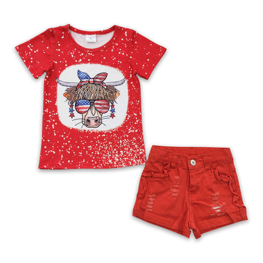 Highland cow glasses shirt denim shorts girls 4th of july outfits