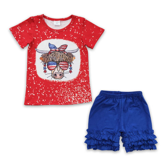 Highland cow glasses shirt blue shorts girls 4th of july outfits